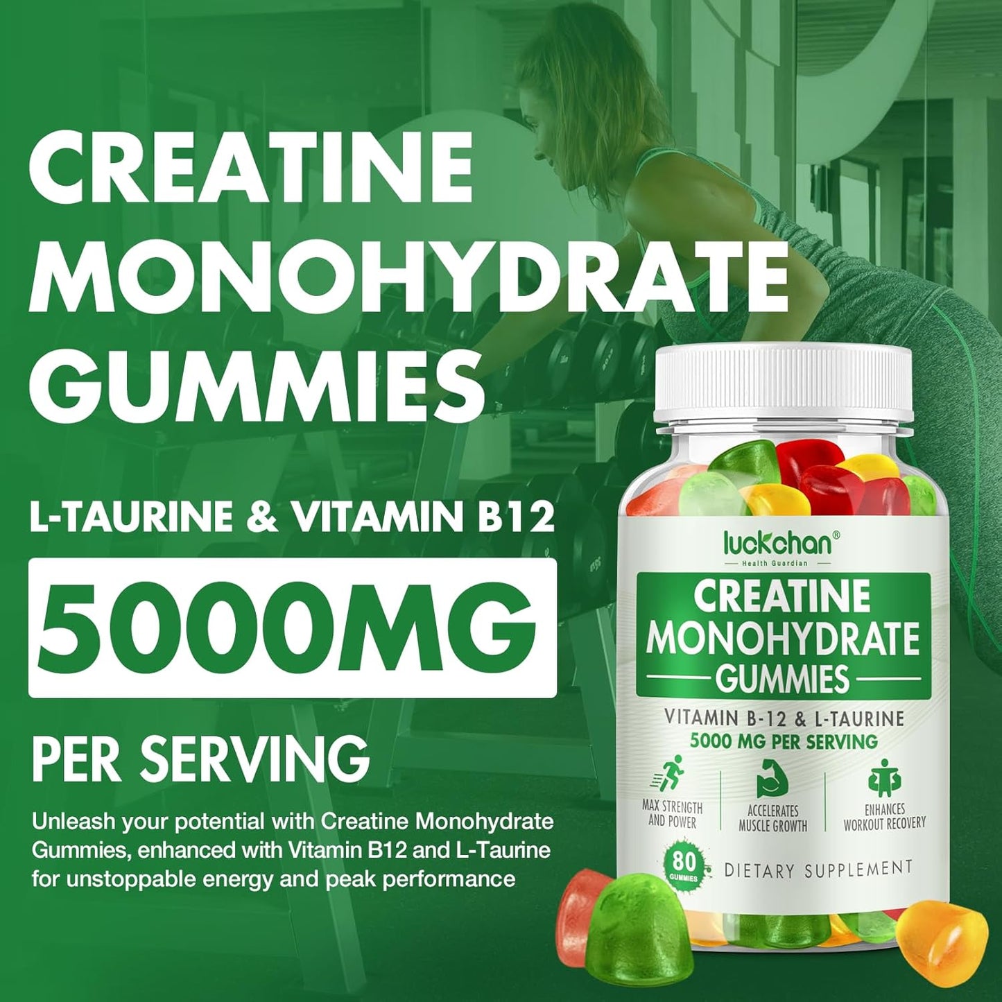 2 Pack LUCKCHAN Creatine Monohydrate Gummies 5000mg - 160 Count Pre-Workout Supplement for Muscle Strength & Energy Boost
