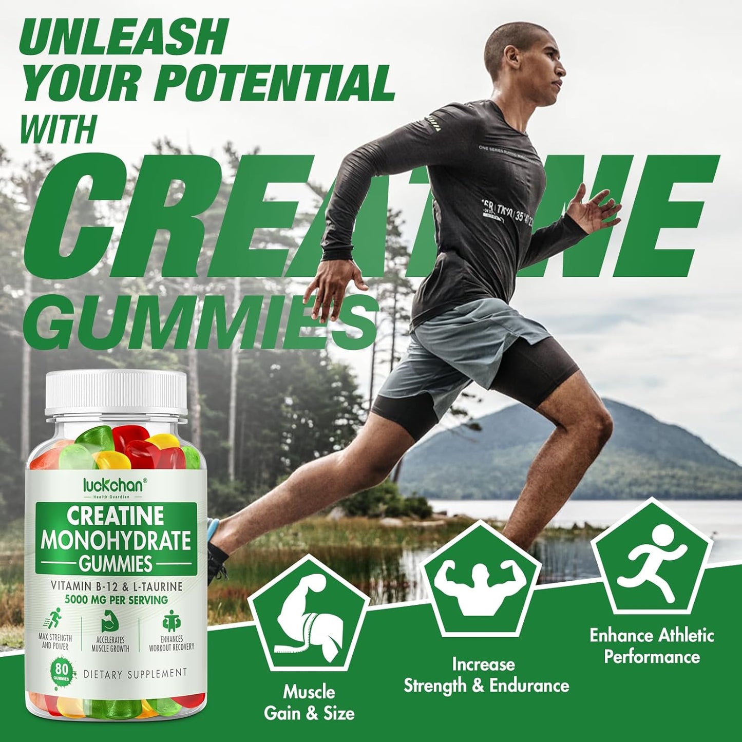 2 Pack LUCKCHAN Creatine Monohydrate Gummies 5000mg - 160 Count Pre-Workout Supplement for Muscle Strength & Energy Boost
