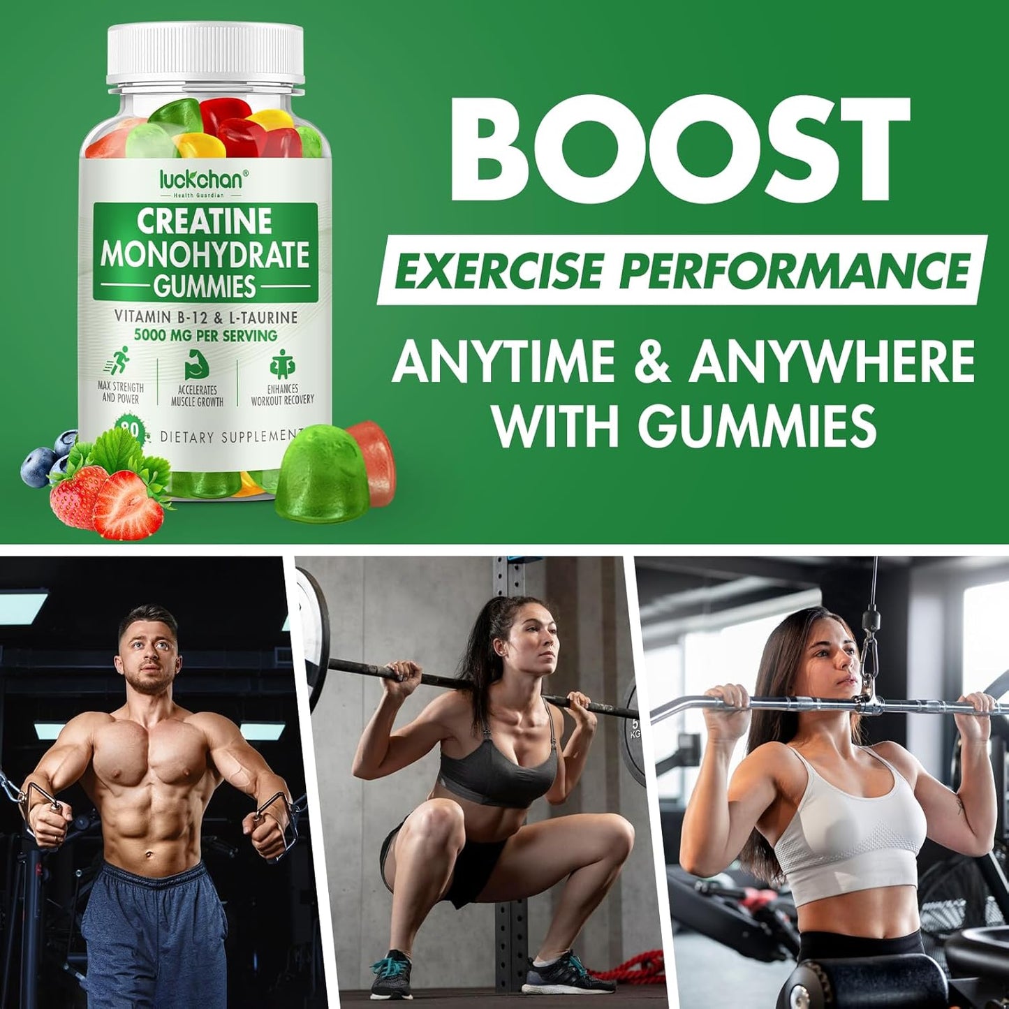 2 Pack LUCKCHAN Creatine Monohydrate Gummies 5000mg - 160 Count Pre-Workout Supplement for Muscle Strength & Energy Boost