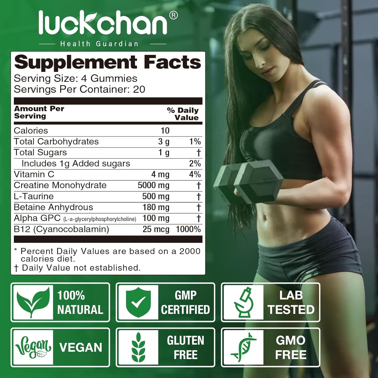 2 Pack LUCKCHAN Creatine Monohydrate Gummies 5000mg - 160 Count Pre-Workout Supplement for Muscle Strength & Energy Boost