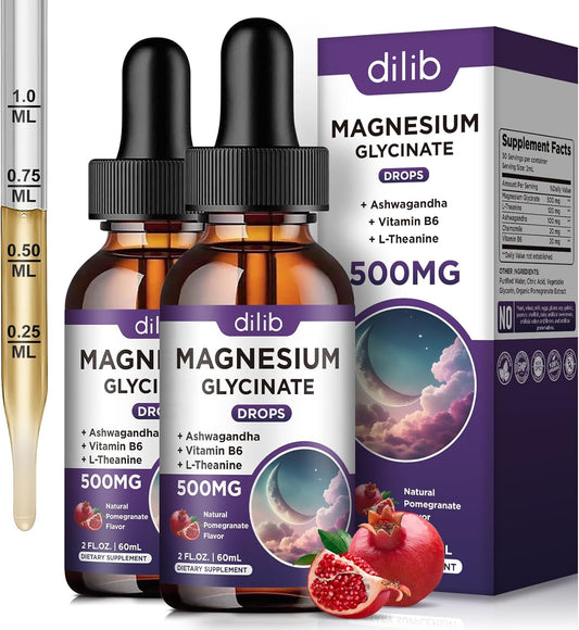 2 Pack Magnesium Glycinate Liquid Drops 500mg with Vitamin B6, Ashwagandha, L-Theanine, Chamomile - High Absorption Magnesium Glycinate Supplement for Sleep, Stress, Energy - Pomegranate Flavor