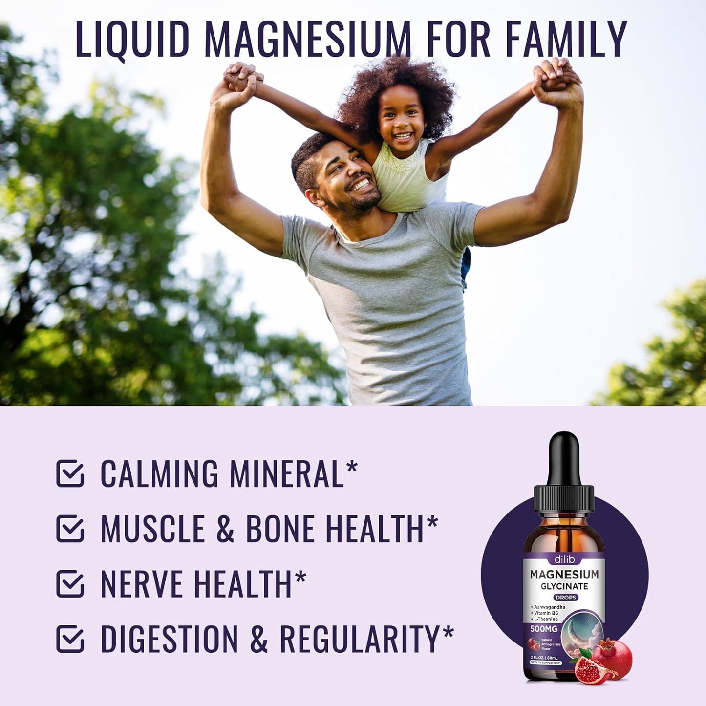 2 Pack Magnesium Glycinate Liquid Drops 500mg with Vitamin B6, Ashwagandha, L-Theanine, Chamomile - High Absorption Magnesium Glycinate Supplement for Sleep, Stress, Energy - Pomegranate Flavor