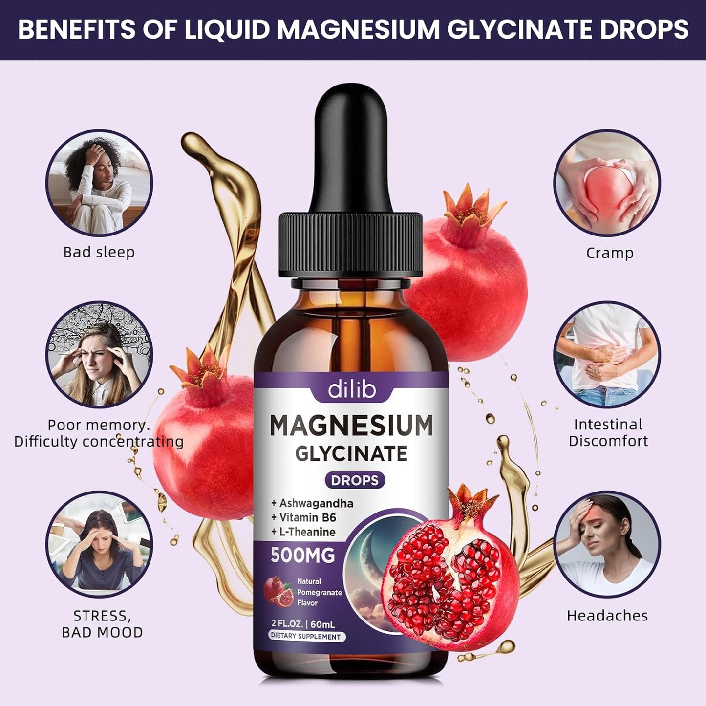 2 Pack Magnesium Glycinate Liquid Drops 500mg with Vitamin B6, Ashwagandha, L-Theanine, Chamomile - High Absorption Magnesium Glycinate Supplement for Sleep, Stress, Energy - Pomegranate Flavor