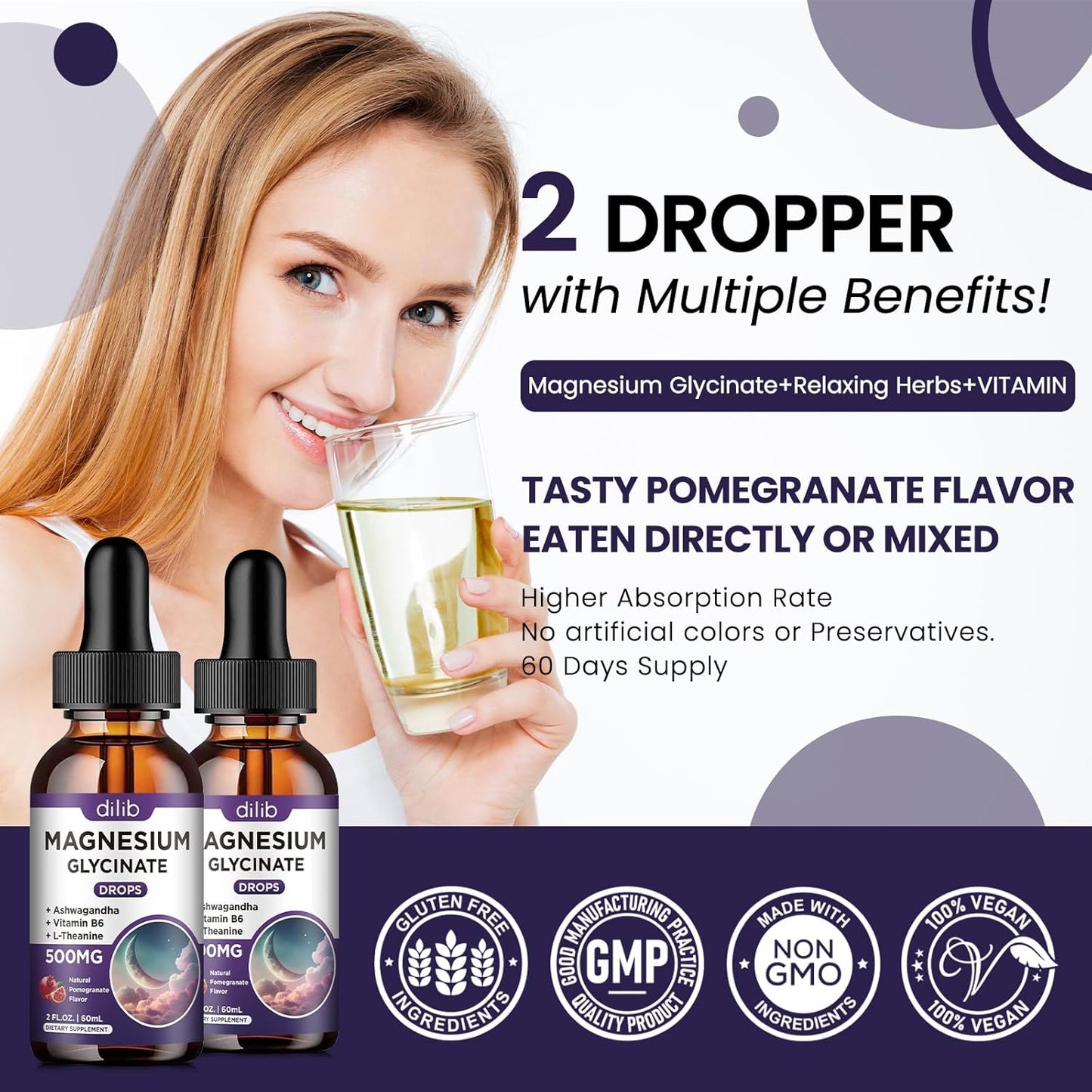 2 Pack Magnesium Glycinate Liquid Drops 500mg with Vitamin B6, Ashwagandha, L-Theanine, Chamomile - High Absorption Magnesium Glycinate Supplement for Sleep, Stress, Energy - Pomegranate Flavor