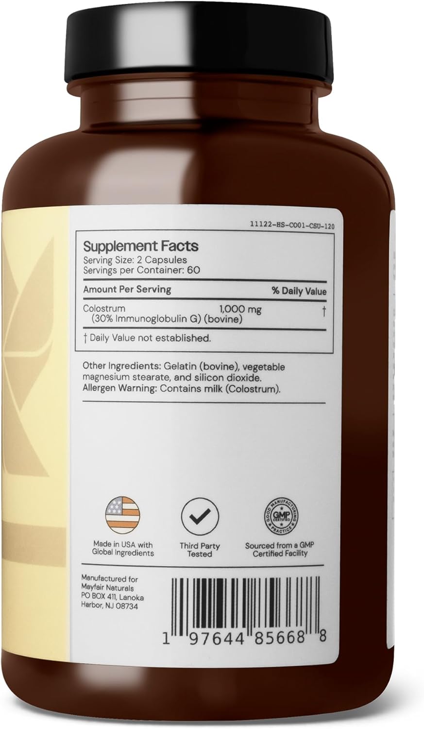 2 Pack Mayfair Naturals Bovine Colostrum Supplement 1000mg - 120 Capsules, 30% IgG - Immune System Support