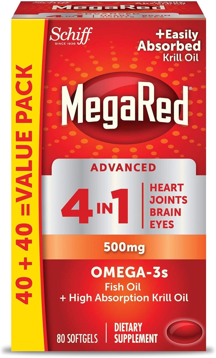 2 Pack MegaRed Advanced 4-in-1 2X Concentrated 500mg Omega-3 Fish Oil & Antarctic Krill Oil Softgels for Heart, Brain, Joints, Eyes - 80 Count