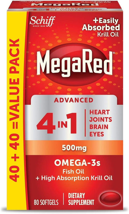 2 Pack MegaRed Advanced 4-in-1 2X Concentrated 500mg Omega-3 Fish Oil & Antarctic Krill Oil Softgels for Heart, Brain, Joints, Eyes - 80 Count