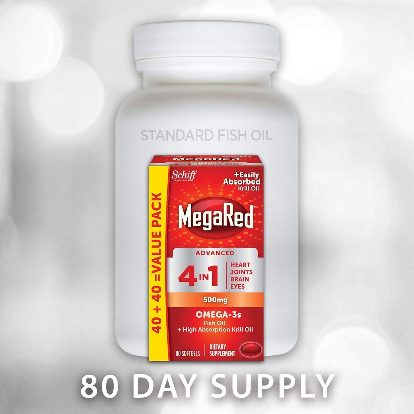 2 Pack MegaRed Advanced 4-in-1 2X Concentrated 500mg Omega-3 Fish Oil & Antarctic Krill Oil Softgels for Heart, Brain, Joints, Eyes - 80 Count