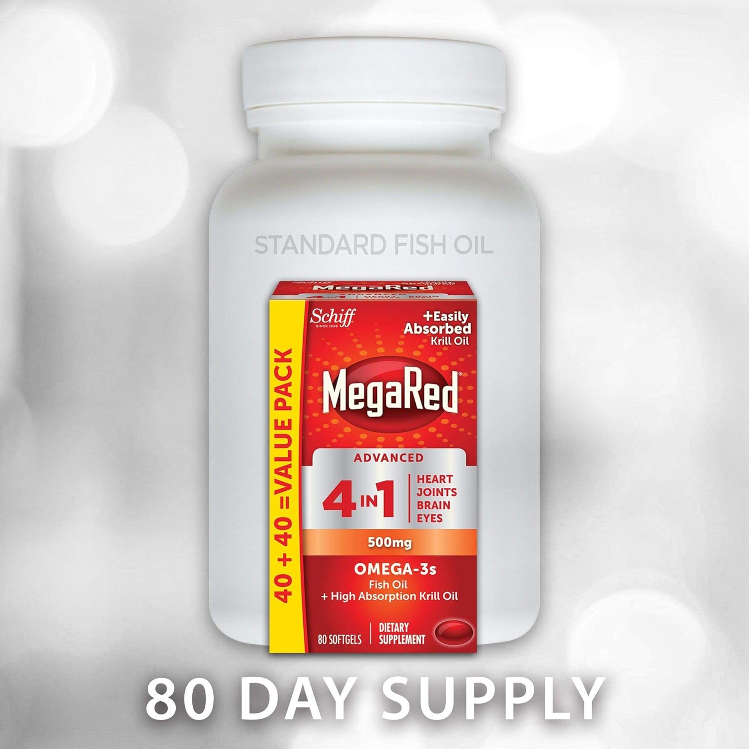 2 Pack MegaRed Advanced 4-in-1 2X Concentrated 500mg Omega-3 Fish Oil & Antarctic Krill Oil Softgels for Heart, Brain, Joints, Eyes - 80 Count