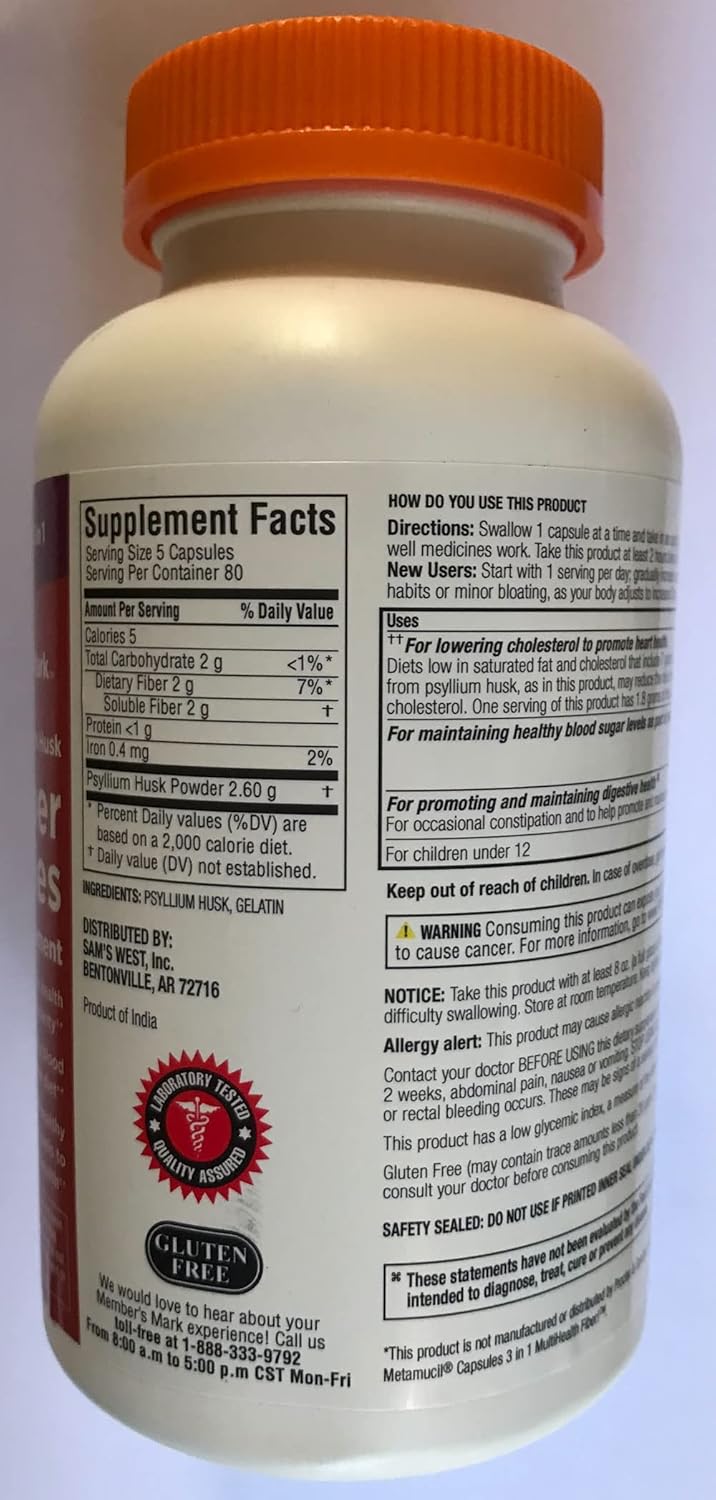 2-Pack Member's Mark Fiber Capsules (400 Count) - Psyllium Husk, Doctor-Recommended Fiber Supplement