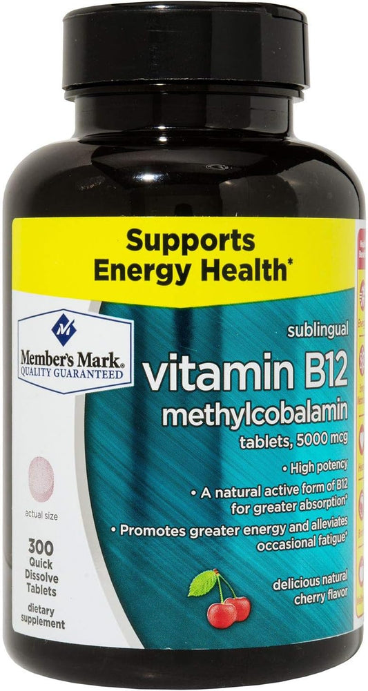 2 Pack Member's Mark Sublingual Vitamin B12 5000mcg (300 Count) - Supplement for Energy and Metabolism Boost
