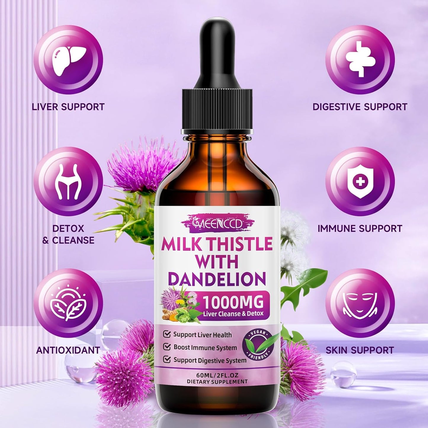2 Pack Milk Thistle Liquid Drops - Liver Cleanse & Repair - 1000mg Supplement for Liver Support - Silymarin Liver Health Formula - Vegan & Non-GMO - 4 Fl Oz