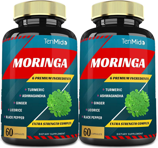 2-Pack Moringa Capsules with Turmeric, Ashwagandha, Ginger, Licorice, and Black Pepper - 4 Month Supply for Immune Support and Energy Boost