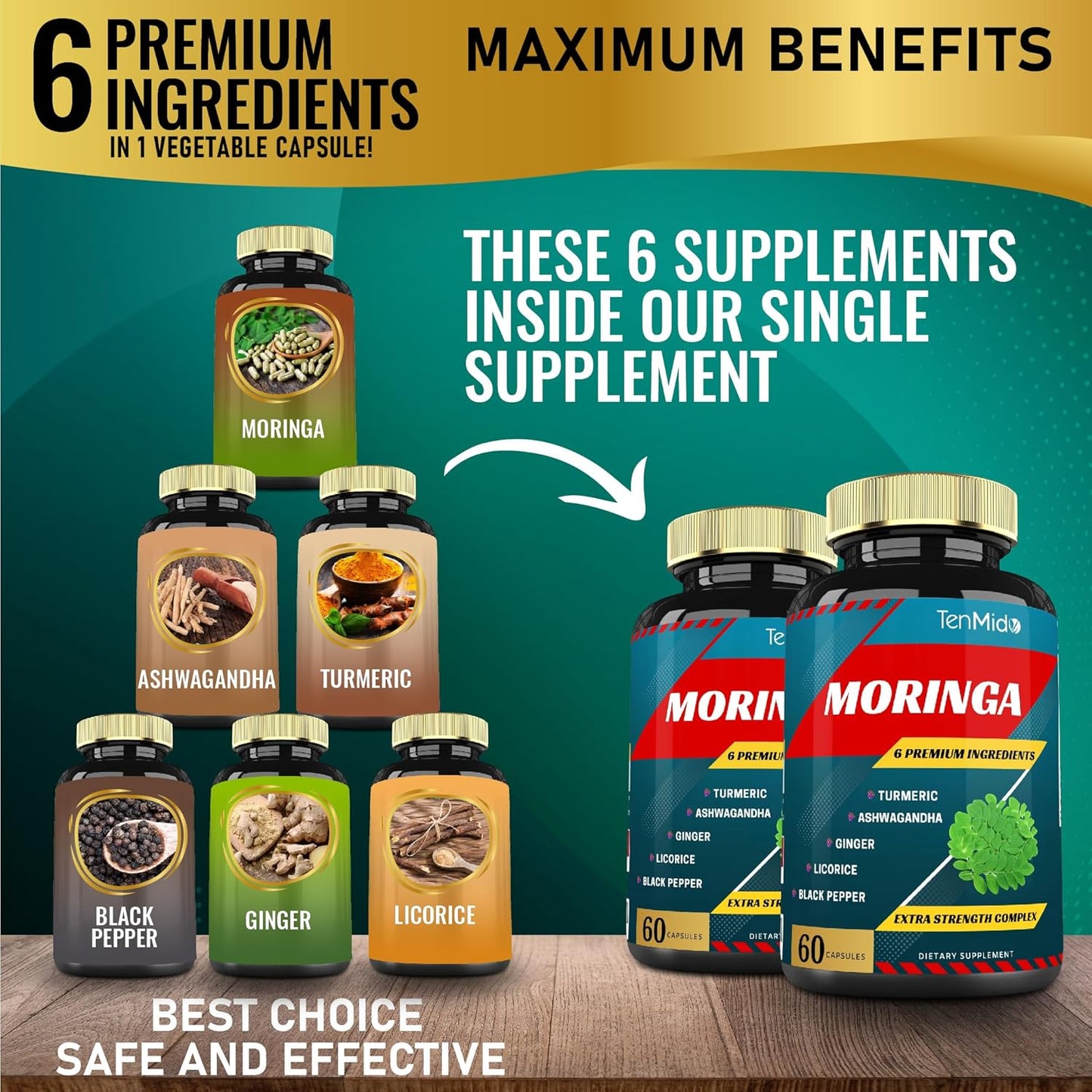 2-Pack Moringa Capsules with Turmeric, Ashwagandha, Ginger, Licorice, and Black Pepper - 4 Month Supply for Immune Support and Energy Boost