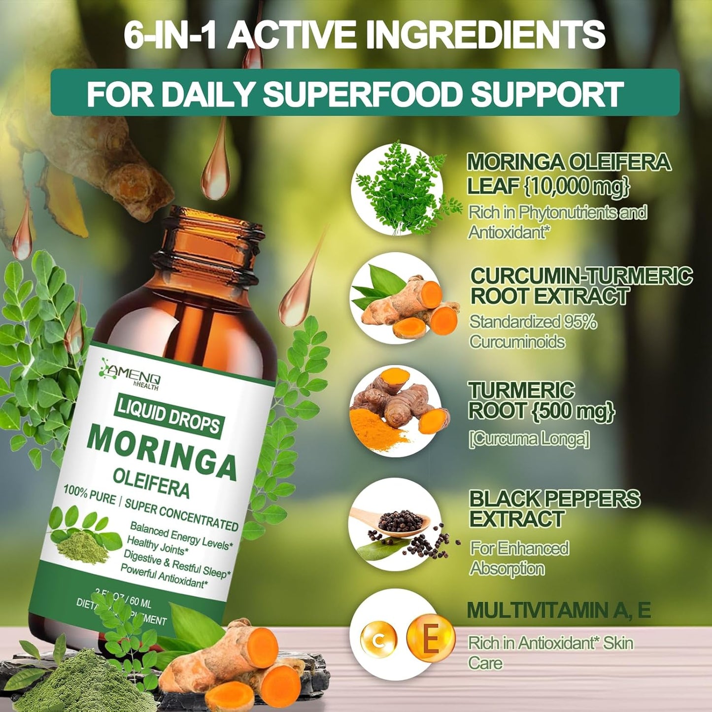 2 Pack Moringa Drops & Vegan Liquid Iron Supplement - Energy Booster, Antioxidant, Anemia Support - Gluten Free, Non GMO, Sugar Free