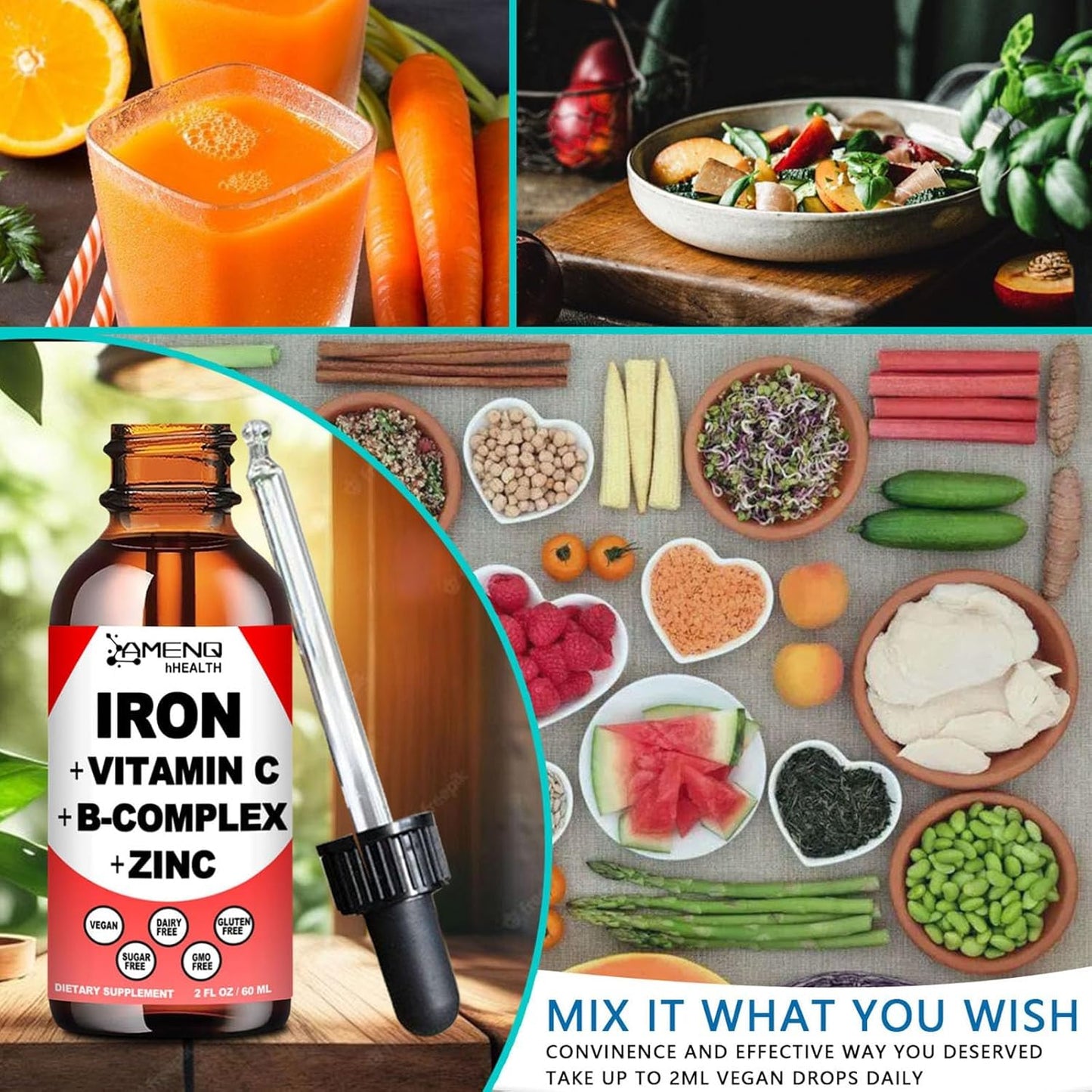 2 Pack Moringa Drops & Vegan Liquid Iron Supplement - Energy Booster, Antioxidant, Anemia Support - Gluten Free, Non GMO, Sugar Free