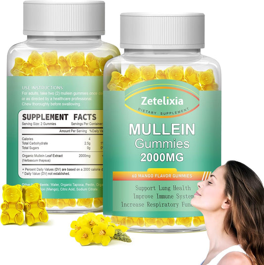 2 Pack Mullein Gummies for Lung Health - Mullein Leaf Extract, Lung Detox Cleanse, Immune Support Supplement, Mucus Relief - 120 Vegan Gummies