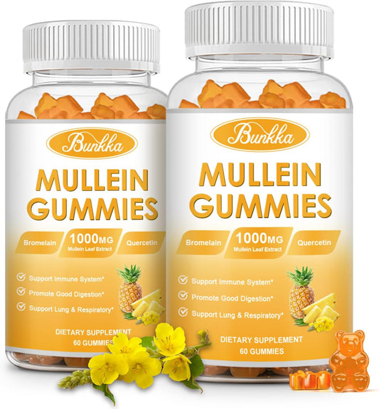2 Pack Mullein Leaf Extract Chewable Gummies for Lung & Respiratory Support with Quercetin, Bromelain, and D3