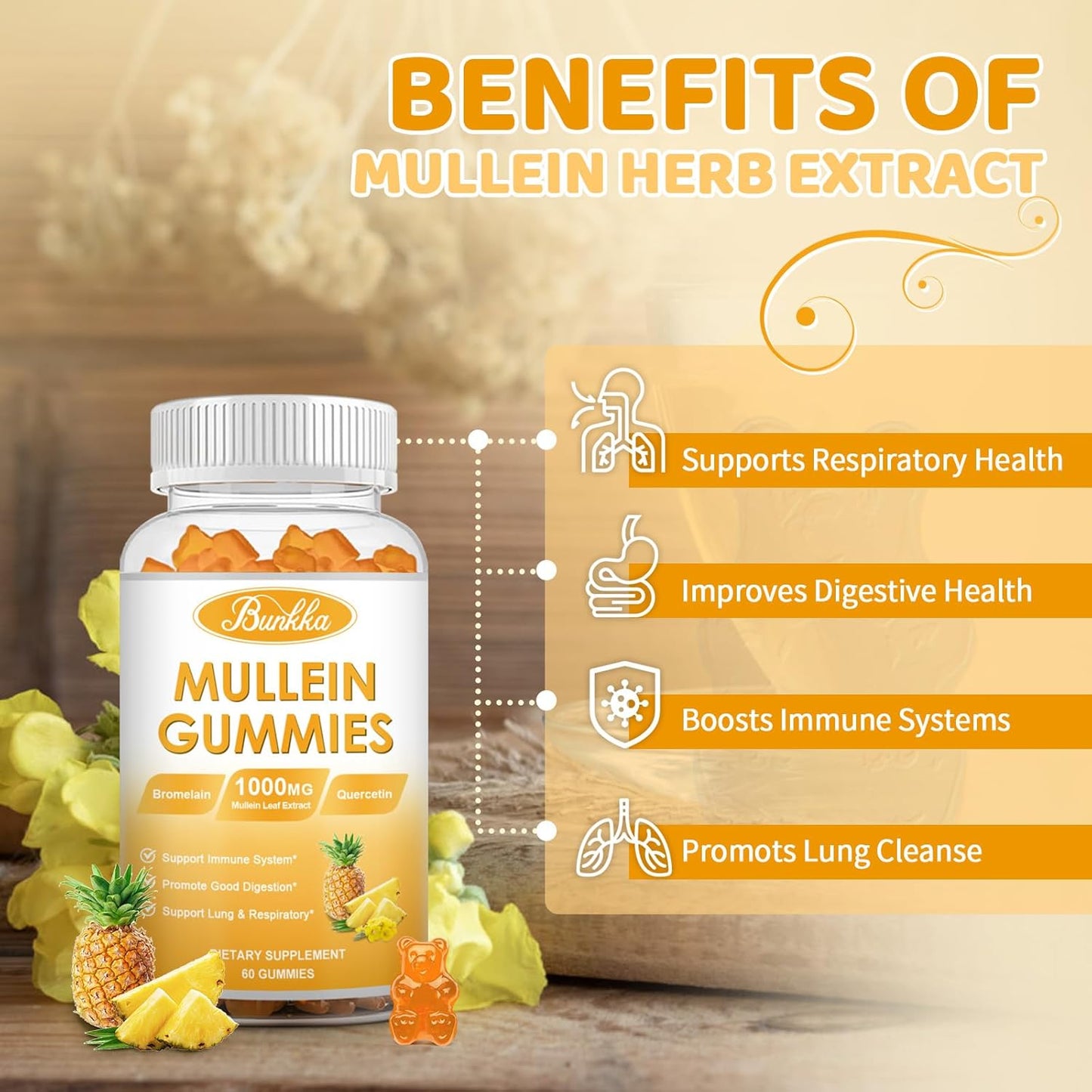 2 Pack Mullein Leaf Extract Chewable Gummies for Lung & Respiratory Support with Quercetin, Bromelain, and D3