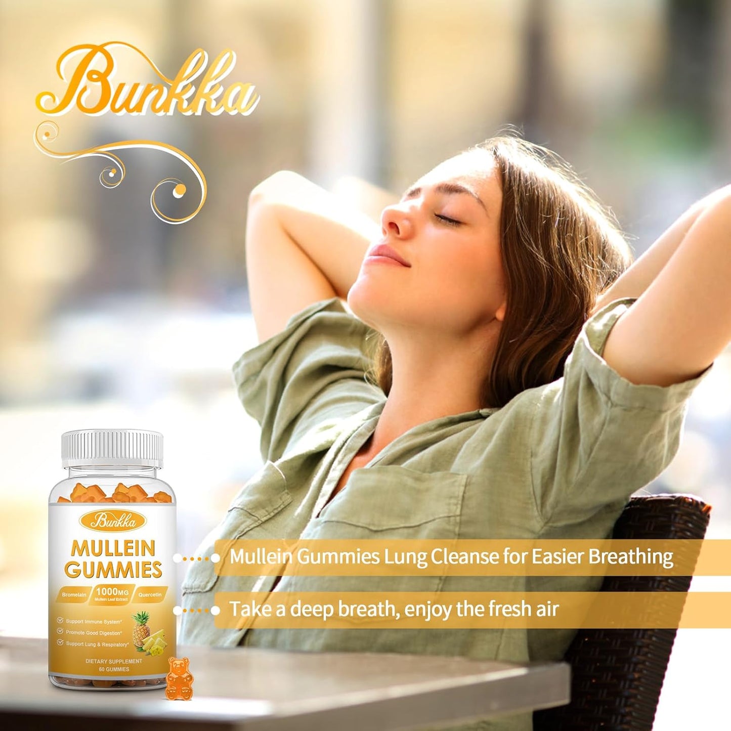 2 Pack Mullein Leaf Extract Chewable Gummies for Lung & Respiratory Support with Quercetin, Bromelain, and D3