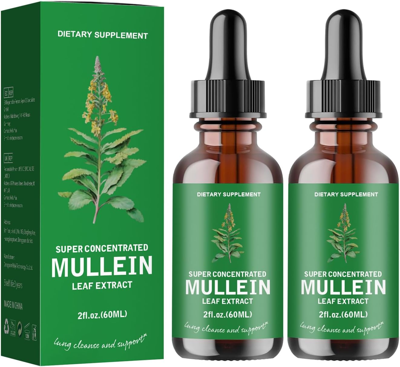 2 Pack Mullein Leaf Extract Drops for Lung Cleanse - Non-GMO, Vegetarian Formula for Healthy Breathing & Respiratory Support
