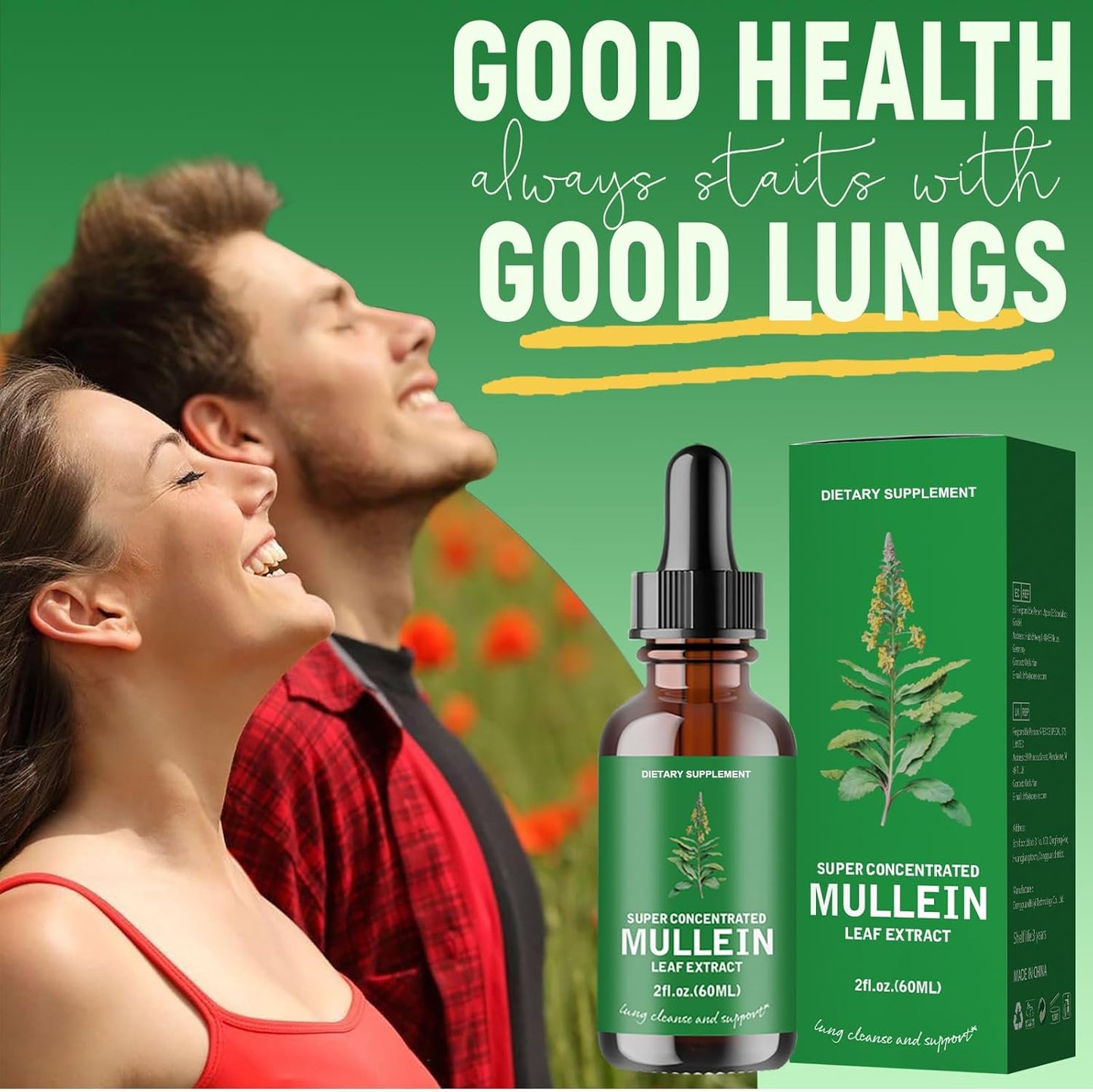 2 Pack Mullein Leaf Extract Drops for Lung Cleanse - Non-GMO, Vegetarian Formula for Healthy Breathing & Respiratory Support