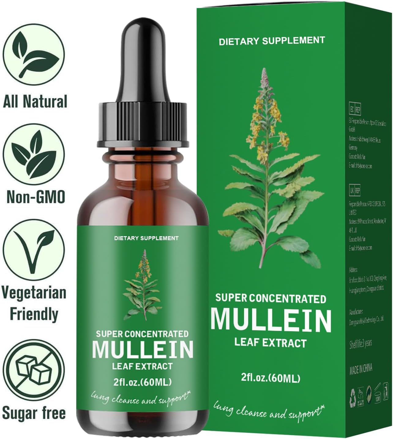 2 Pack Mullein Leaf Extract Drops for Lung Cleanse - Non-GMO, Vegetarian Formula for Healthy Breathing & Respiratory Support