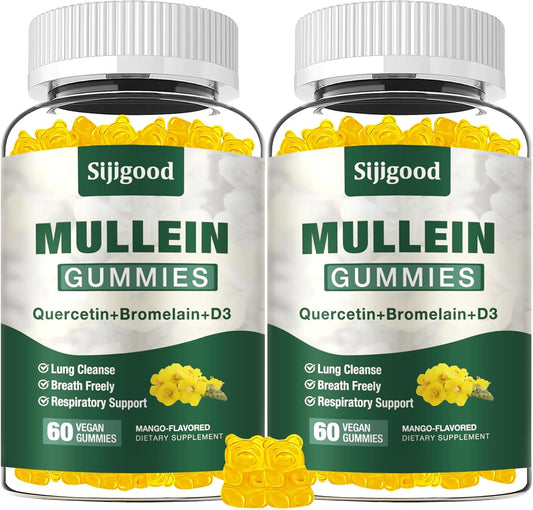 2 Pack Mullein Leaf Gummies with Bromelain & Quercetin - Lung Cleanse, Digestive Support, Immune Boost - 120 Mango Flavored Gummies