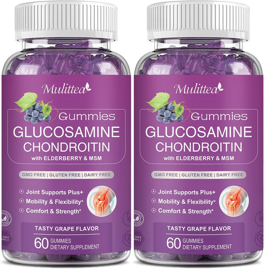 2 Pack Multitea Glucosamine Chondroitin Gummies with MSM & Elderberry - Extra Strength Joint and Antioxidant Support for Adults, Men, Women - Sugar-Free Immune Booster