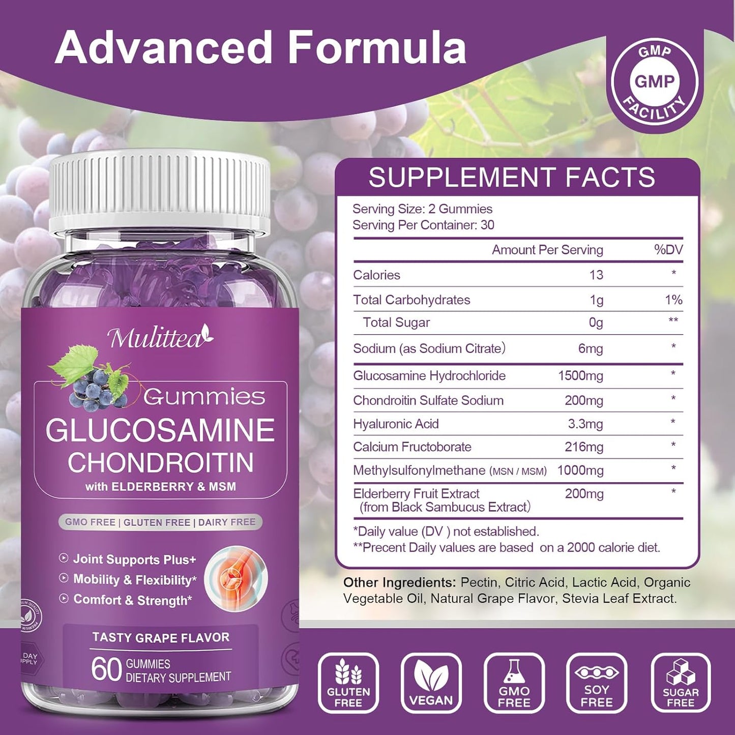 2 Pack Multitea Glucosamine Chondroitin Gummies with MSM & Elderberry - Extra Strength Joint and Antioxidant Support for Adults, Men, Women - Sugar-Free Immune Booster