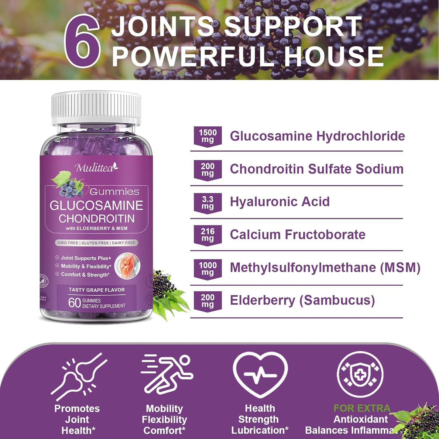 2 Pack Multitea Glucosamine Chondroitin Gummies with MSM & Elderberry - Extra Strength Joint and Antioxidant Support for Adults, Men, Women - Sugar-Free Immune Booster