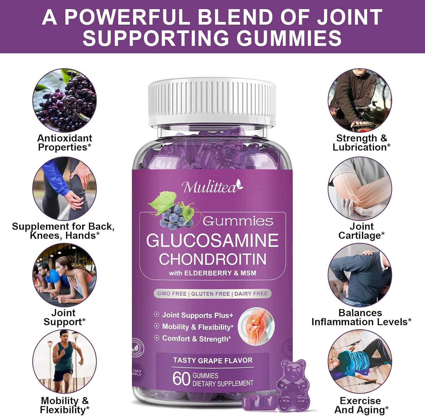 2 Pack Multitea Glucosamine Chondroitin Gummies with MSM & Elderberry - Extra Strength Joint and Antioxidant Support for Adults, Men, Women - Sugar-Free Immune Booster