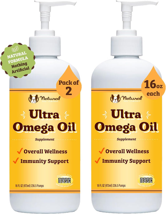 2 Pack Natural Dog Company Ultra Omega 3 Fish Oil 32 oz for Dogs - Shedding & Itch Relief, Salmon Oil Supplement for Large Breed or Multi-Dog Families