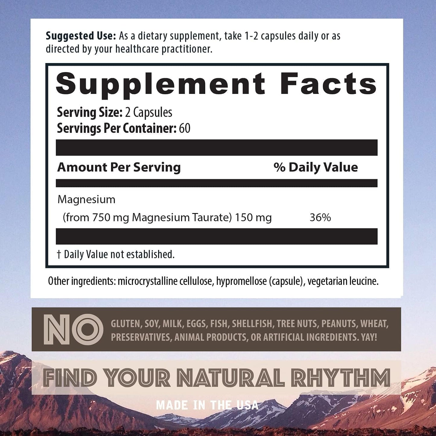 2-Pack Natural Rhythm Magnesium Taurate Capsules - High Absorption, 750mg (150mg Magnesium) - 120 Capsules/Bottle