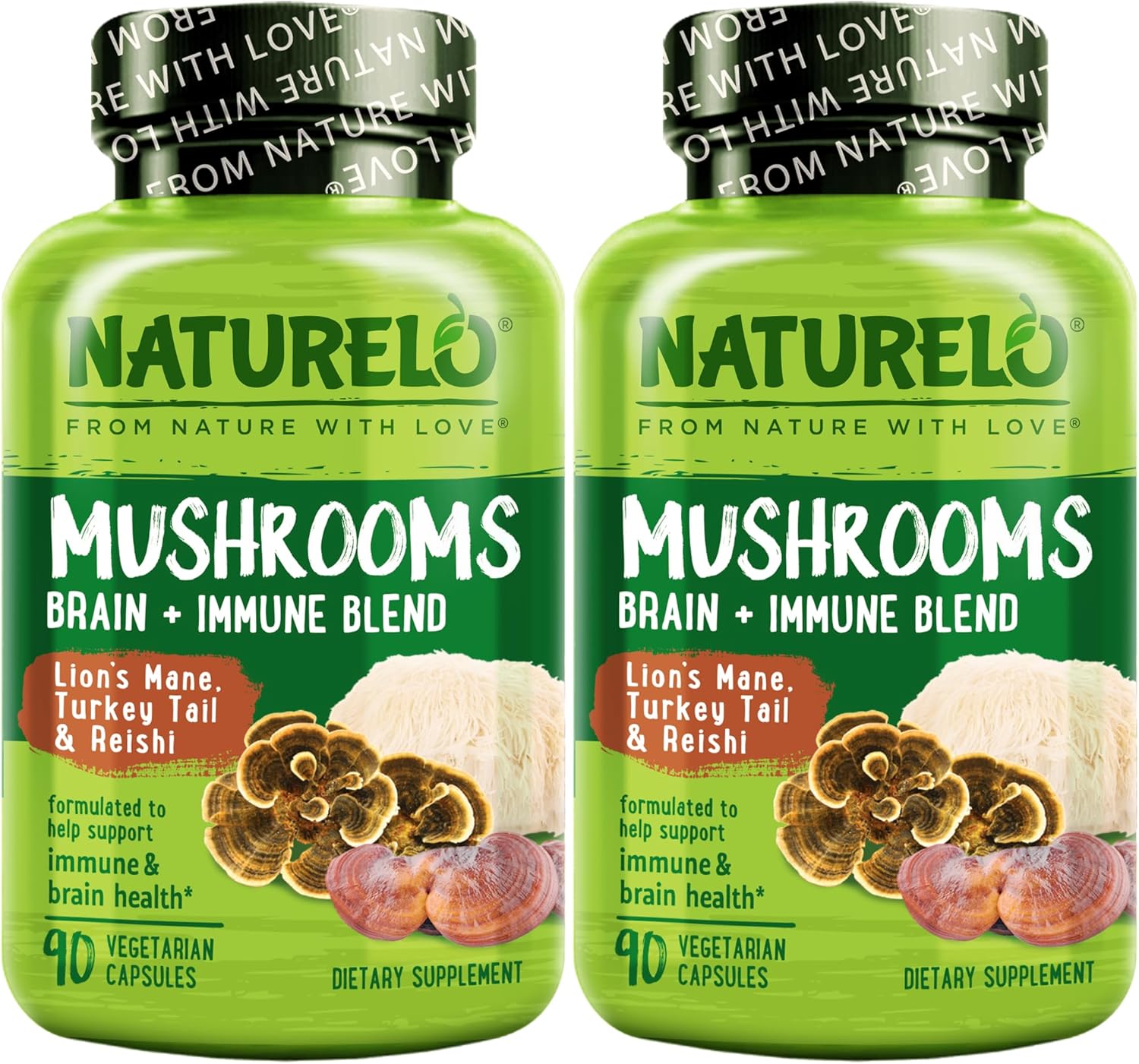 2-Pack NATURELO Mushroom Supplement Capsules for Brain & Immune Health - Lion’s Mane, Reishi, Turkey Tail - 360 Vegan Capsules
