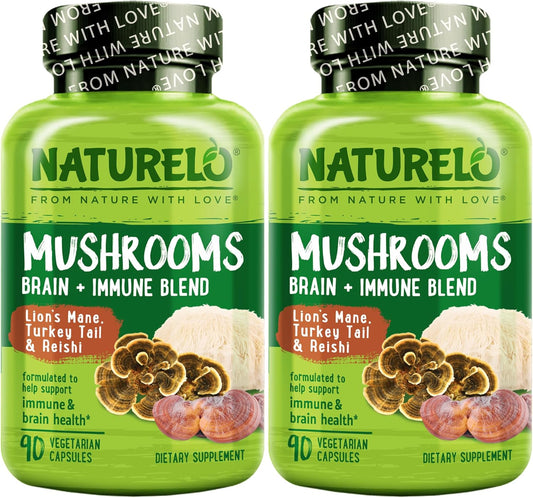 2-Pack NATURELO Mushroom Supplement Capsules for Brain & Immune Health - Lion’s Mane, Reishi, Turkey Tail - 360 Vegan Capsules