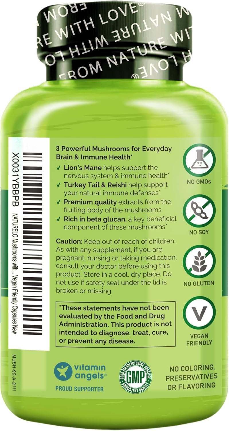 2-Pack NATURELO Mushroom Supplement Capsules for Brain & Immune Health - Lion’s Mane, Reishi, Turkey Tail - 360 Vegan Capsules