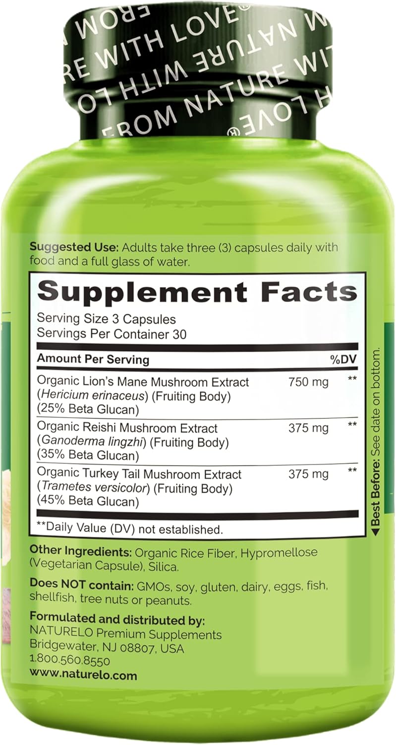 2-Pack NATURELO Mushroom Supplement Capsules for Brain & Immune Health - Lion’s Mane, Reishi, Turkey Tail - 360 Vegan Capsules