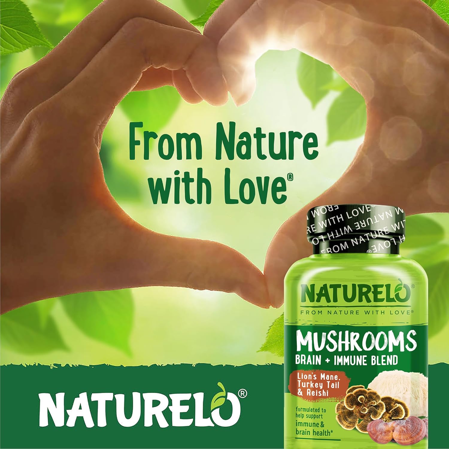 2-Pack NATURELO Mushroom Supplement Capsules for Brain & Immune Health - Lion’s Mane, Reishi, Turkey Tail - 360 Vegan Capsules