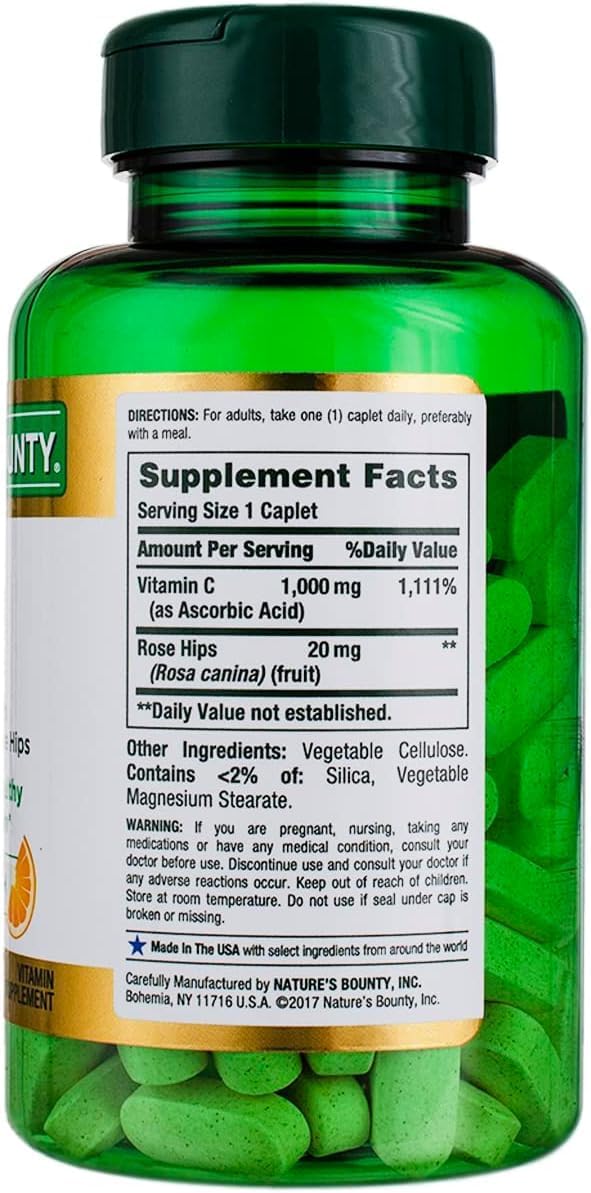 2 Pack Nature's Bounty Vitamin C 1000 mg Caplets with Rose Hips - 200 Count