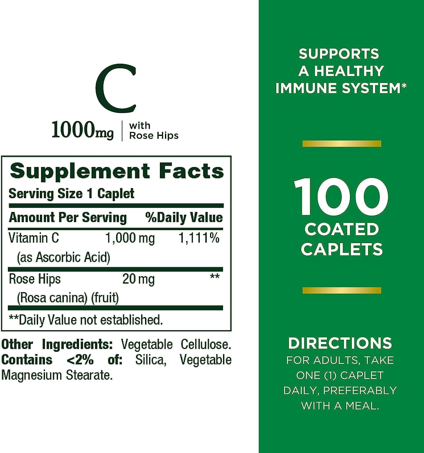 2 Pack Nature's Bounty Vitamin C 1000 mg Caplets with Rose Hips - 200 Count