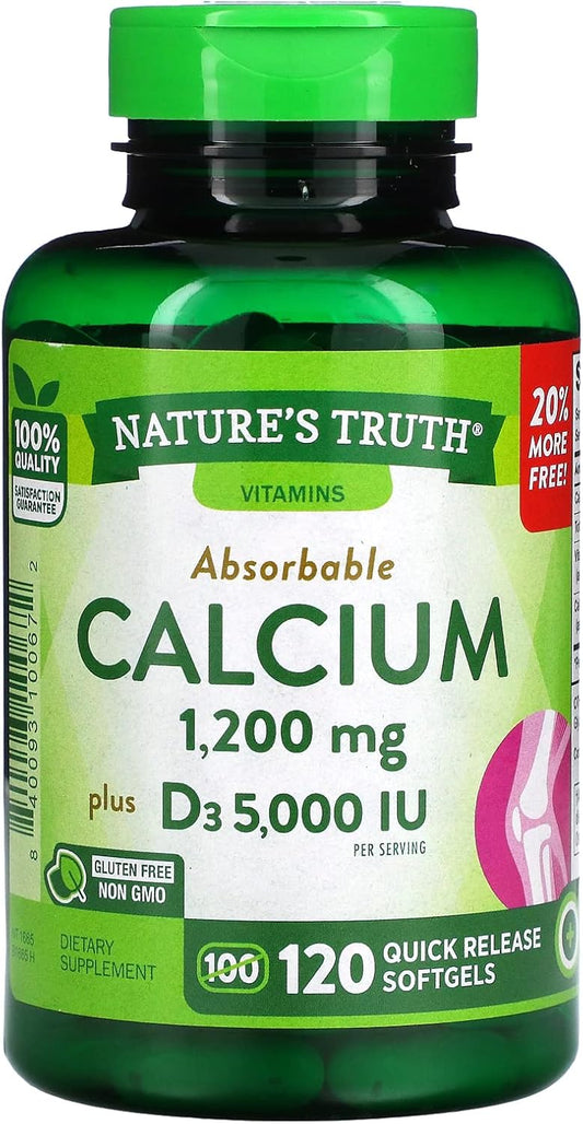 2 Pack Nature's Truth Absorbable Calcium 1200 mg + D3 5000 IU Quick Release Softgels 120 ct Total