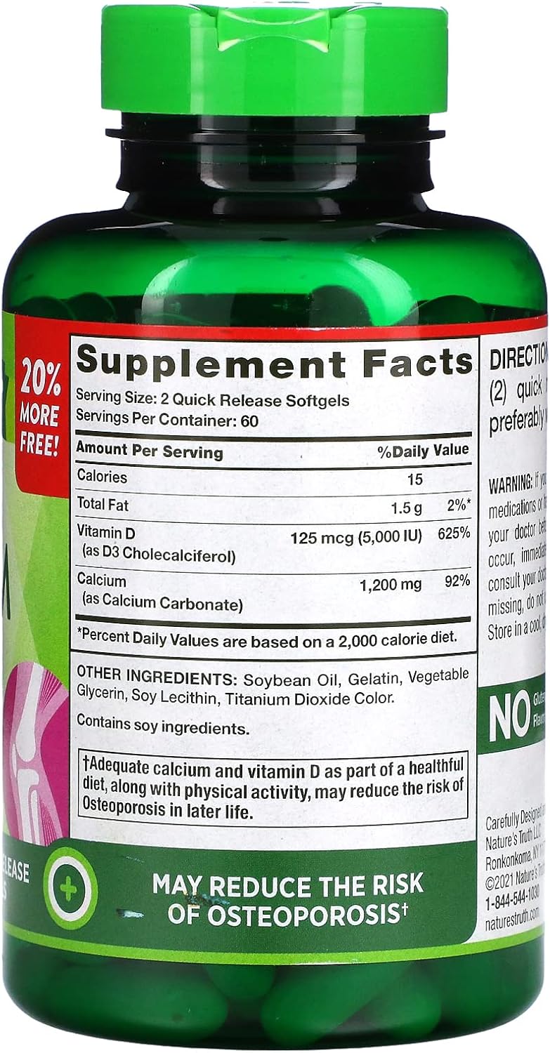 2 Pack Nature's Truth Absorbable Calcium 1200 mg + D3 5000 IU Quick Release Softgels 120 ct Total