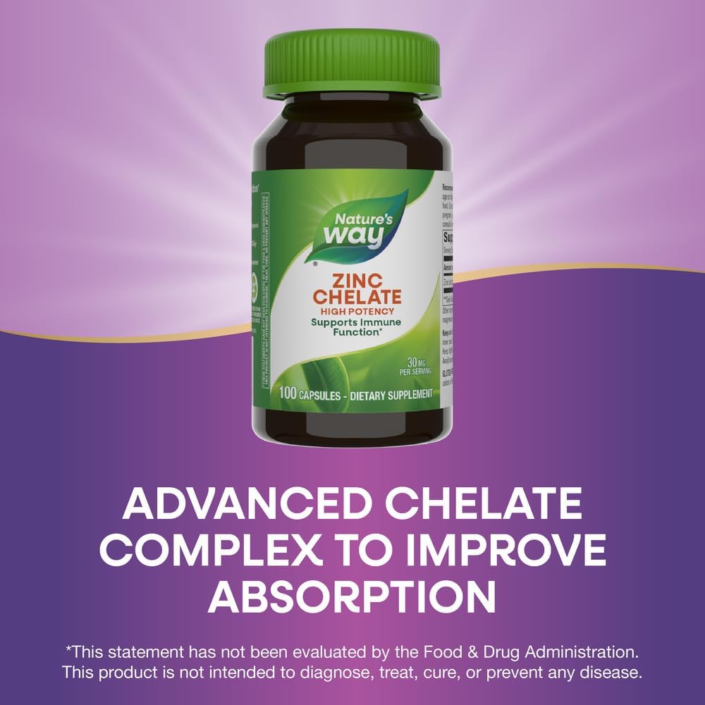 2 Pack Nature's Way Zinc Chelate 30mg Capsules - Support Immune Function - 100 Capsules per Bottle