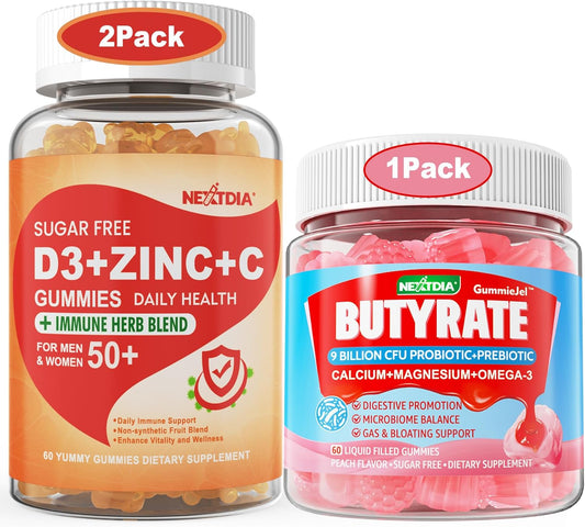 2 Pack Nextdia Sugar-Free Vitamin C, D3, Zinc Gummies for Adults 50+ with Bonus Butyrate Gummies