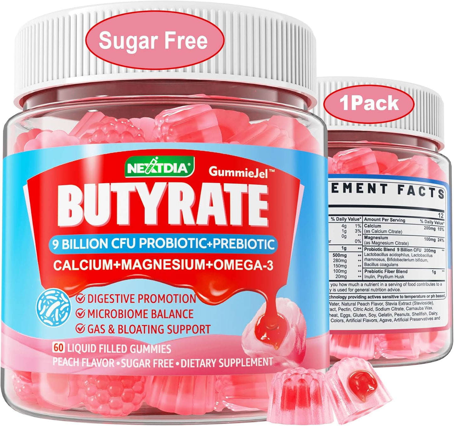 2 Pack Nextdia Sugar-Free Vitamin C, D3, Zinc Gummies for Adults 50+ with Bonus Butyrate Gummies