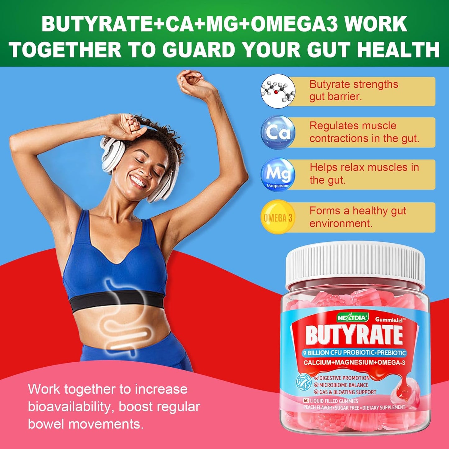 2 Pack Nextdia Sugar-Free Vitamin C, D3, Zinc Gummies for Adults 50+ with Bonus Butyrate Gummies