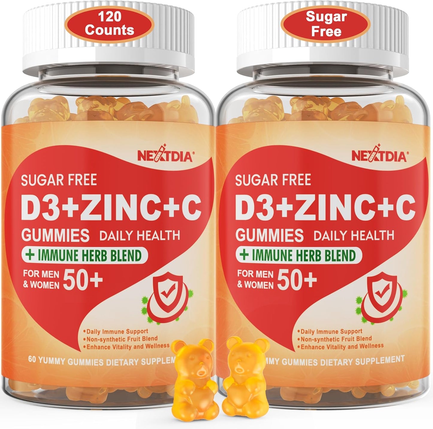 2 Pack Nextdia Sugar-Free Vitamin C, D3, Zinc Gummies for Adults 50+ with Bonus Butyrate Gummies