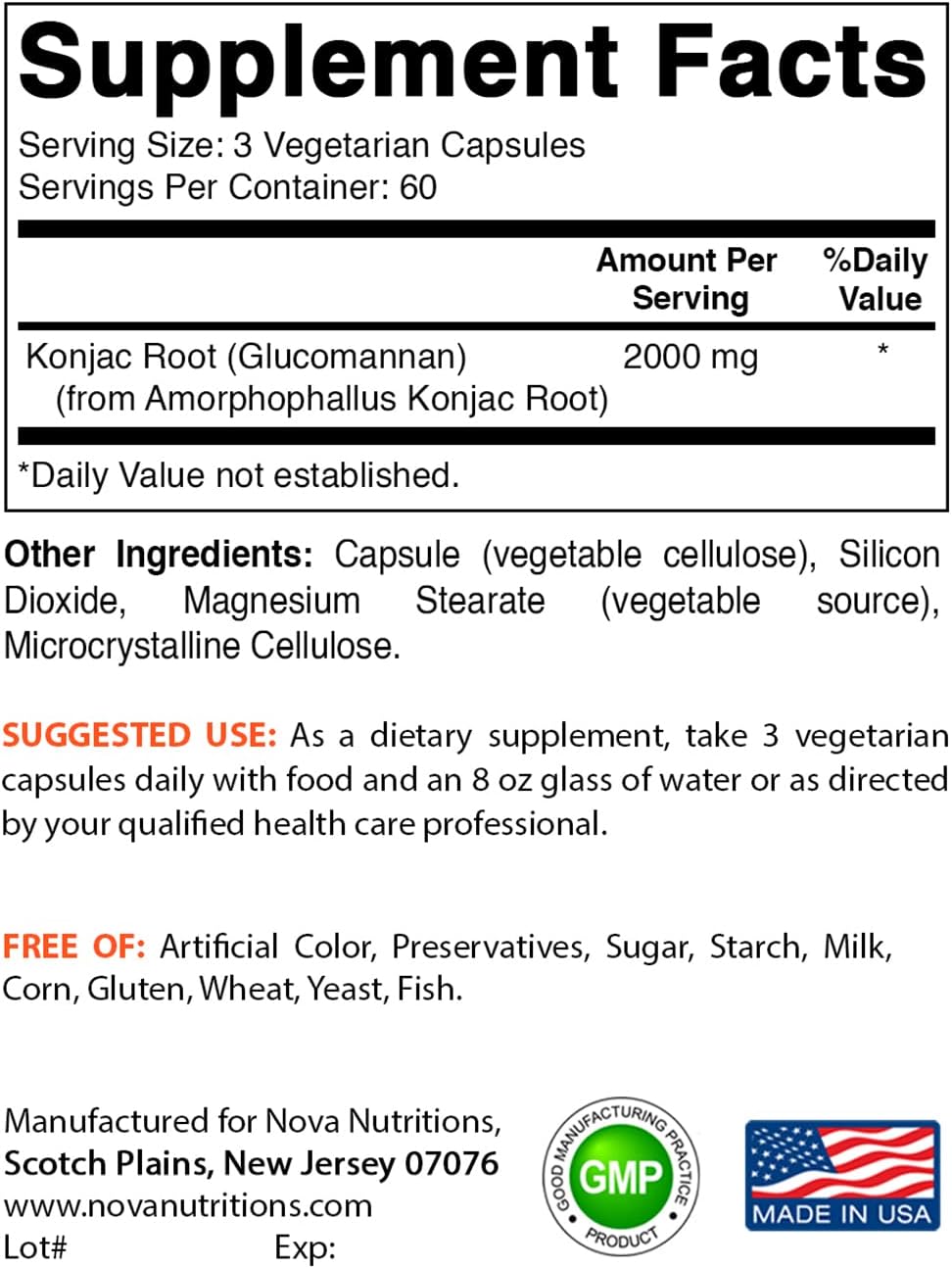 2 Pack Nova Nutritions Konjac Root Glucomannan Capsules 2000mg 180 Veggie Caps - Total 360 Capsules