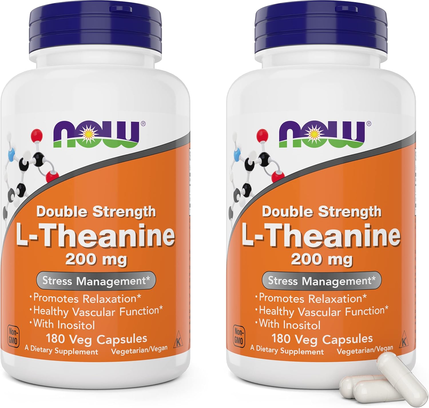 2-Pack Now Foods L-Theanine 200mg Double Strength Veg Capsules - 360 Total Capsules, Enhanced with Inositol - Non-GMO Vegetarian Supplement